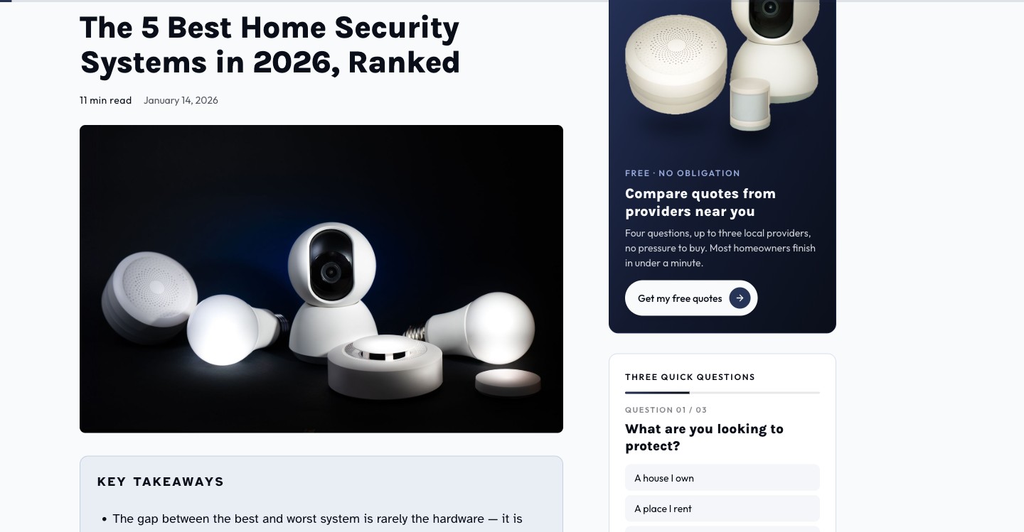 Screenshot of the SecureHomes blog article &lsquo;The 5 Best Home Security Systems in 2026, Ranked&rsquo;, showing the headline, hero photography, key-takeaways summary, and a sidebar carrying a quote card and a three-question form.