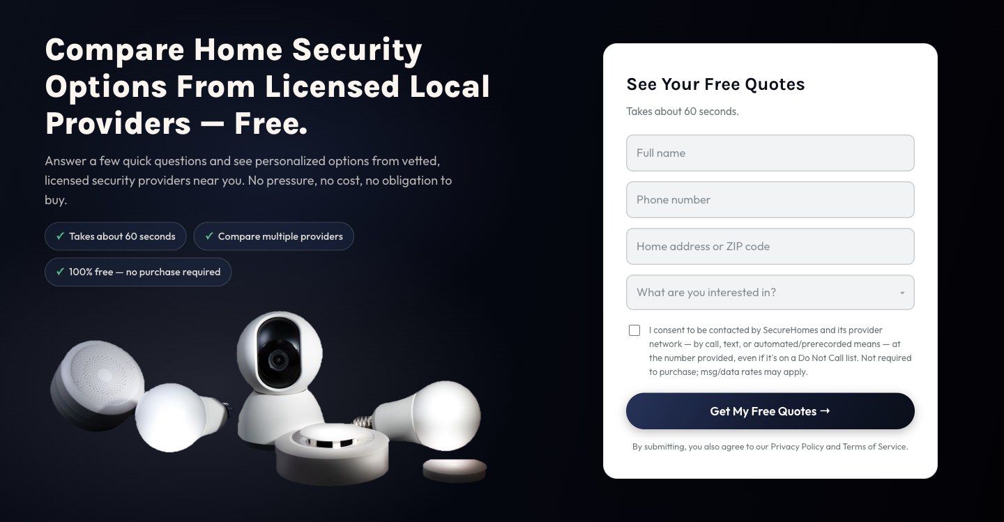 Screenshot of the SecureHomes home security landing page mockup, showing the headline, trust indicators, product photography, and lead-capture form.
